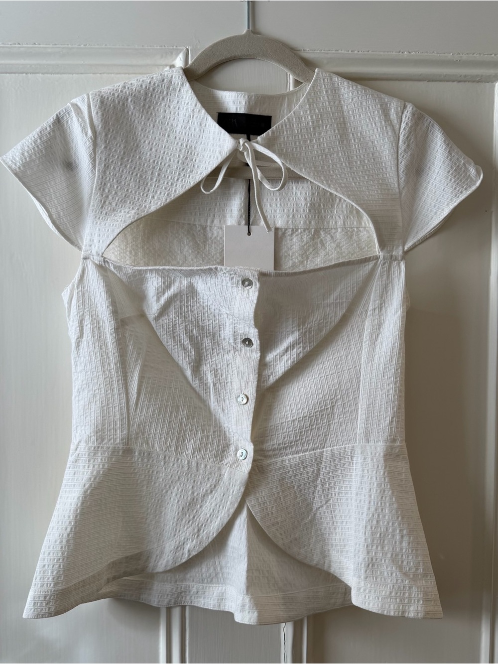 Zara White Textured Peplum Button-Up Top with Tie Neck